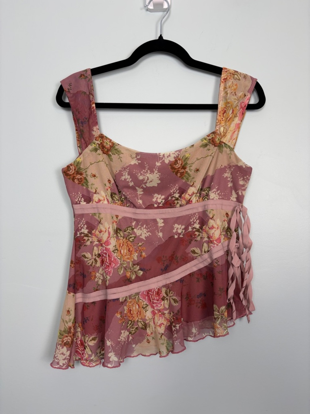 Cider Mesh Floral Ruffle Asymmetrical Tank Top Womens L Pink Y2K Coquette Fairy